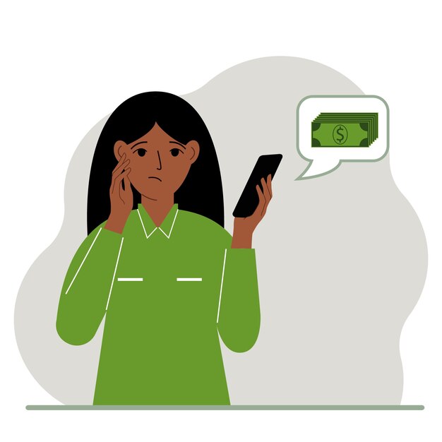 Vector una mujer triste sostiene un teléfono que recibió un mensaje sobre el dinero el concepto de ganancia o pérdida de ingresos en línea ilustración plana vectorial