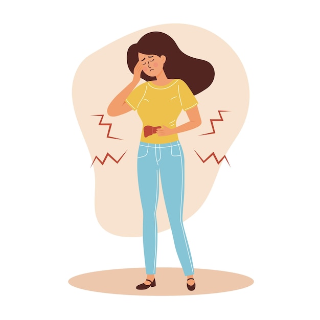 Mujer triste sufre de problemas hepáticos Niña con dolor en el lado derecho del abdomen