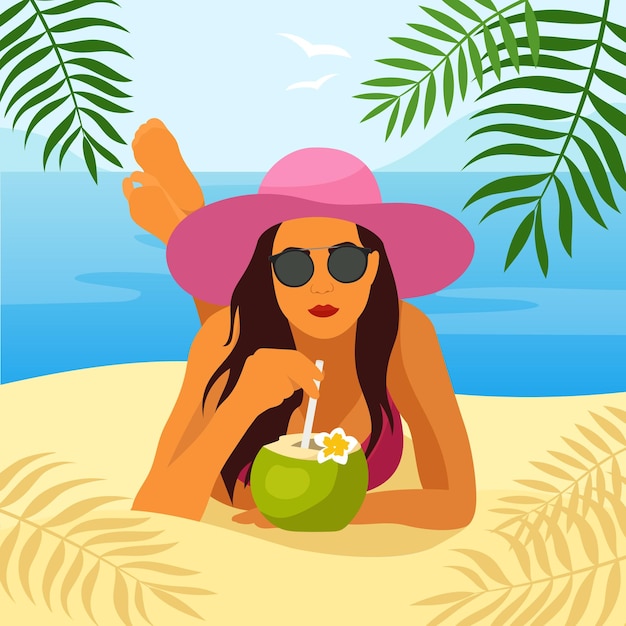 Mujer tumbada en la playa con cóctel de coco Ilustración vectorial plana