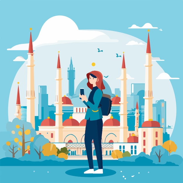 Vector mujer turca turista en diseño plano de estambul