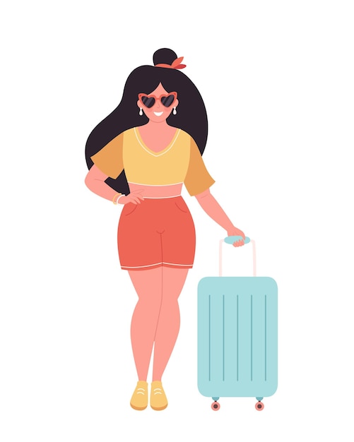 Mujer turista con bolsa de viaje o equipaje. vacaciones de verano, viajes de verano, verano.