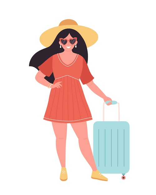 Vector mujer turista con bolsa de viaje o equipaje. vacaciones de verano, viajes de verano, verano.