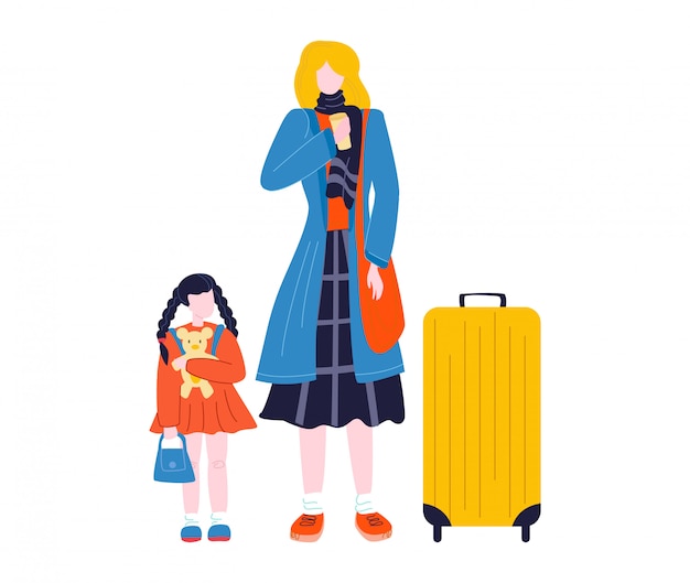 Vector mujer turista caminando con maleta de equipaje en el aeropuerto que viaja, viaje aislado en blanco ilustración plana.