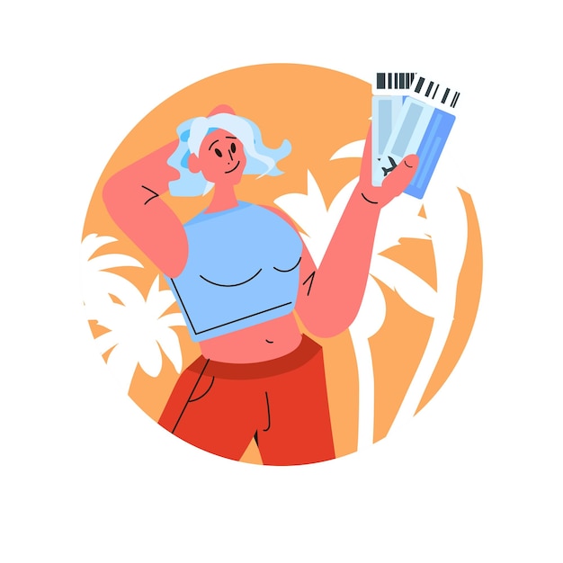 Vector mujer turista joven con boletos de vacaciones de verano tiempo de vacaciones para viajar retrato conceptual