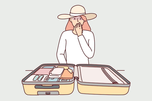 Mujer turista con maleta de viaje está preocupada por perder pertenencias personales o robar dinero