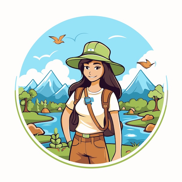 Vector mujer turista con mochila y sombrero en la naturaleza icono redondo ilustración vectorial diseño gráfico