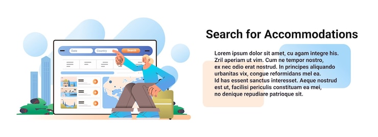 Vector mujer turista solicita alojamiento o servicios especiales descubre un nuevo horizonte viajes turismo comienza el concepto de aventura