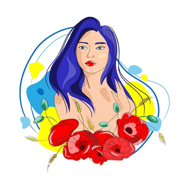 Mujer ucraniana con retrato de amapolas de flores rojas en estilo de dibujo abstracto ilustración vectorial