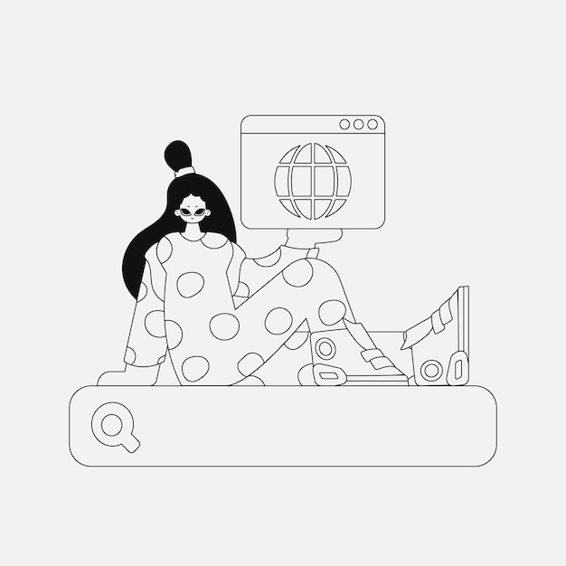 Una mujer única está sosteniendo un navegador en sus manos personaje de estilo lineal