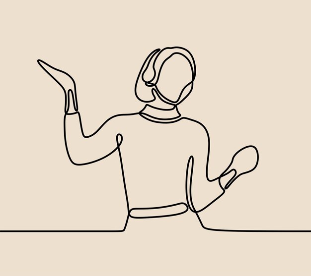 La mujer usa auriculares para disfrutar del arte de una sola línea continua de una línea