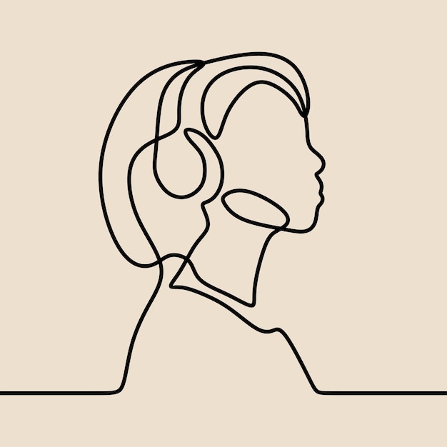 La mujer usa auriculares para disfrutar del arte de una sola línea continua de una línea