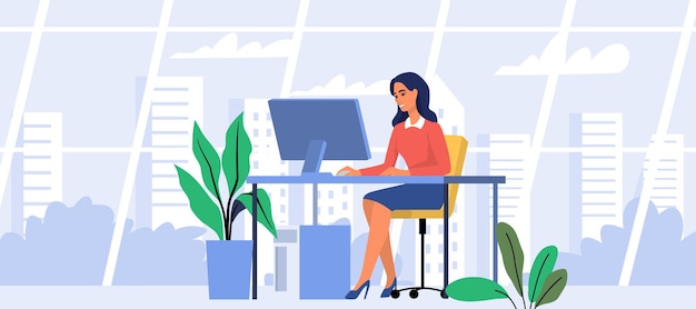 Mujer usa escritorio de pc con monitor de computadora trabajando freelancer mujer de negocios