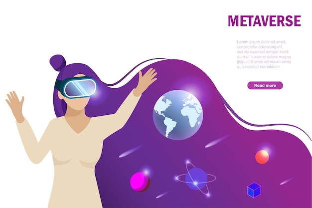 La mujer usa gafas vr para experimentar la realidad virtual 3d en el espacio del metaverso y la simulación del universo