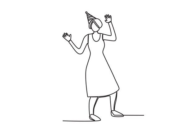 Una mujer usa un sombrero en una celebración de cumpleaños Dibujo de una línea de fiesta de cumpleaños