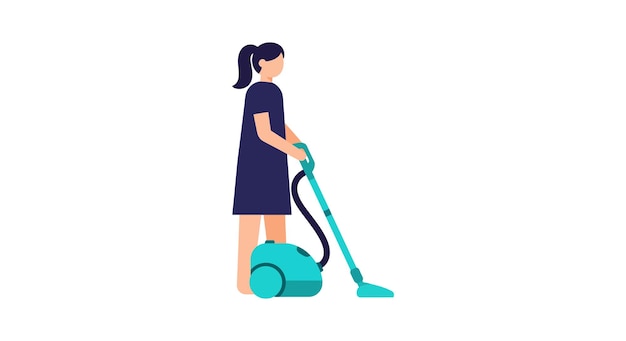 Mujer usando una aspiradora en el arte vectorial de diseño minimalista plano