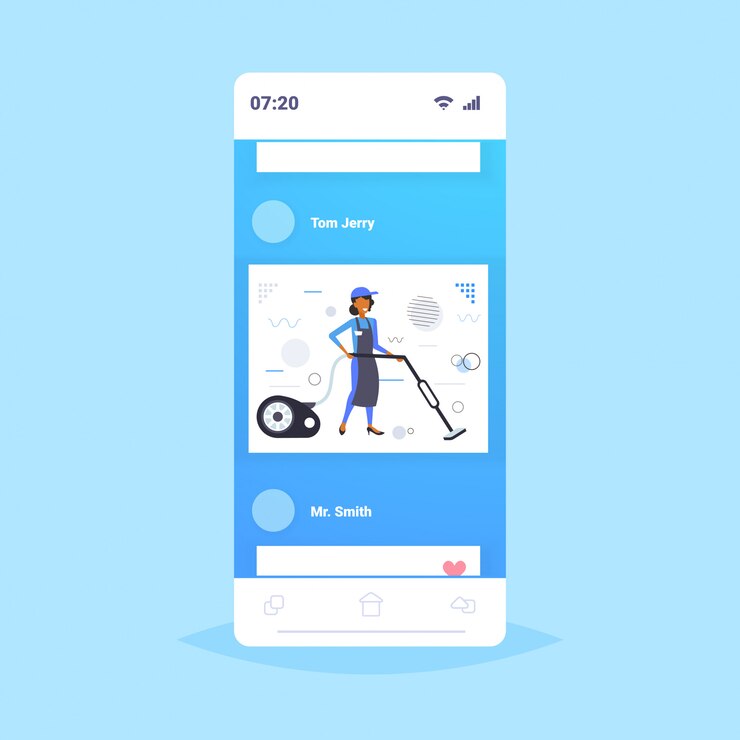 Vector mujer usando una aspiradora conserje femenino en aspiradora uniforme haciendo tareas domésticas servicio de limpieza concepto smartphone sceen aplicación móvil en línea boceto integral