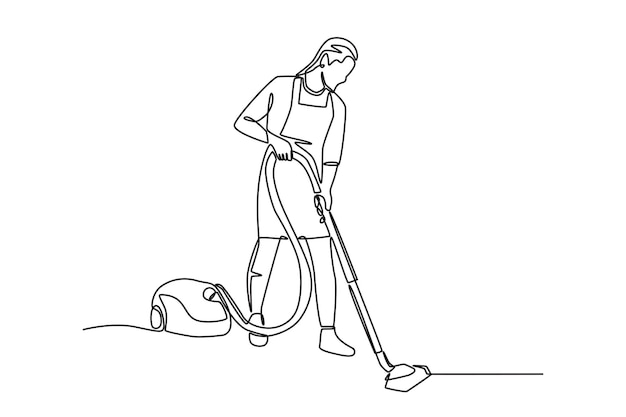 Mujer usando la aspiradora limpiando la casa haciendo las tareas domésticas concepto dibujo en línea