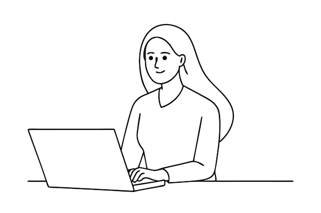 Mujer usando una computadora portátil Dibujo vectorial de una mujer usando un ordenador portátil Arte de líneas continuas