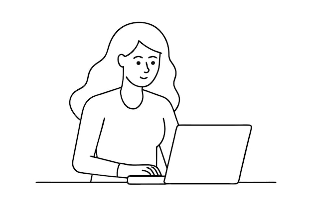 Mujer usando una computadora portátil Dibujo vectorial de una mujer usando un ordenador portátil Arte de líneas continuas