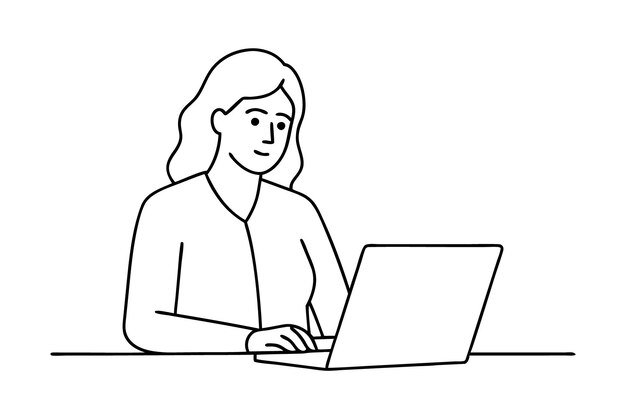 Mujer usando una computadora portátil Dibujo vectorial de una mujer usando un ordenador portátil Arte de líneas continuas