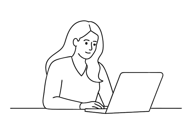 Mujer usando una computadora portátil Dibujo vectorial de una mujer usando un ordenador portátil Arte de líneas continuas