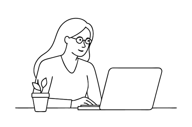 Mujer usando una computadora portátil Dibujo vectorial de una mujer usando un ordenador portátil Arte de líneas continuas