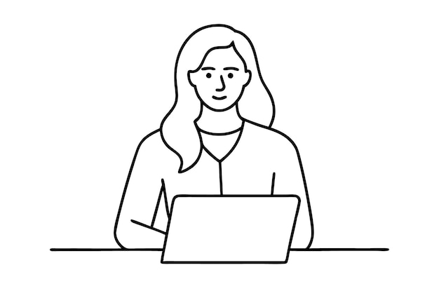Mujer usando una computadora portátil Dibujo vectorial de una mujer usando un ordenador portátil Arte de líneas continuas