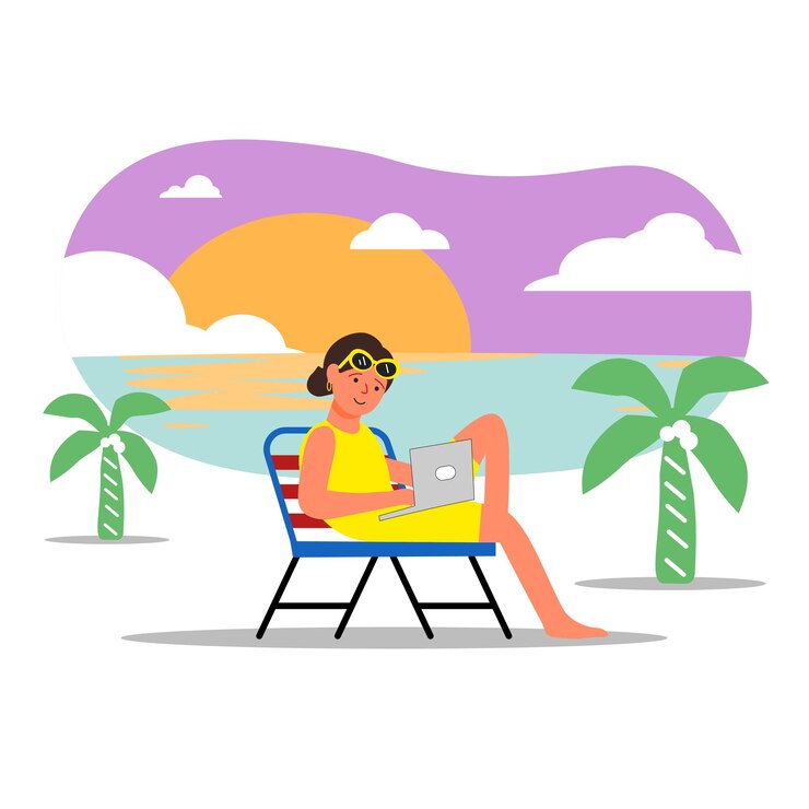 Vector mujer usando una computadora portátil en la playa