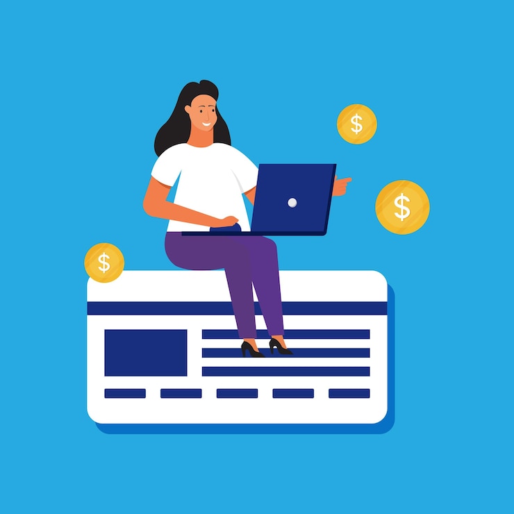 Vector mujer usando una computadora portátil sentada encima de un concepto de pago de tarjeta de crédito