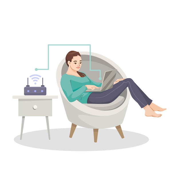 Mujer usando una computadora portátil en una silla acogedora en casa Ilustración vectorial