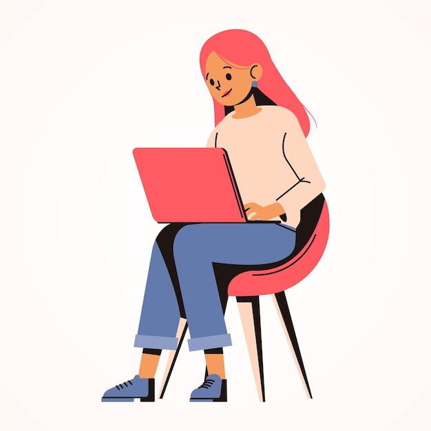 Mujer usando elementos de dibujos animados de portátil