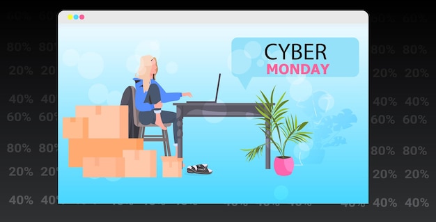 Mujer usando laptop girl comprando online cyber monday gran venta concepto horizontal ilustración vectorial de longitud completa