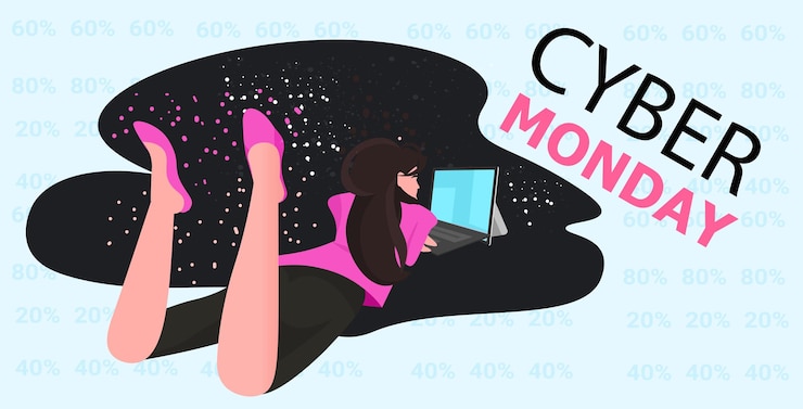 Vector mujer usando laptop girl comprando online cyber monday gran venta concepto horizontal ilustración vectorial de longitud completa