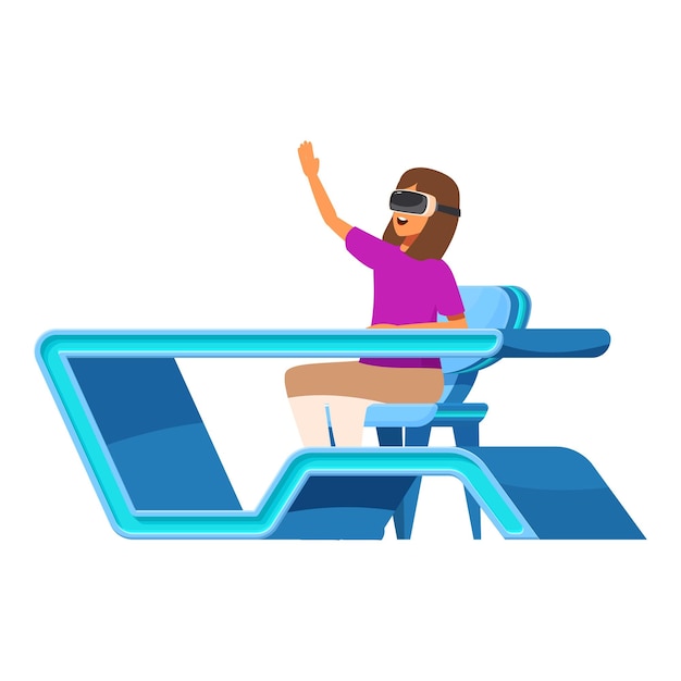 Mujer usando un simulador de realidad virtual sentada y levantando la mano
