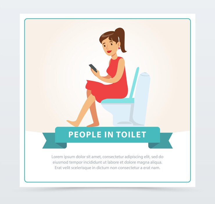 Vector mujer usando su teléfono mientras está sentada en un inodoro personas en inodoro banner elemento de ilustración vectorial plano para sitio web o aplicación móvil con texto de muestra