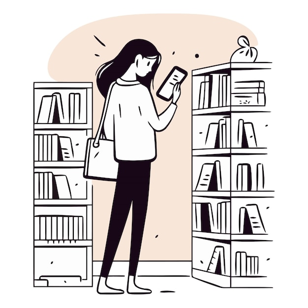 Mujer usando teléfono inteligente en la biblioteca personaje femenino de pie en la estantería con libros al estilo de dibujos animados