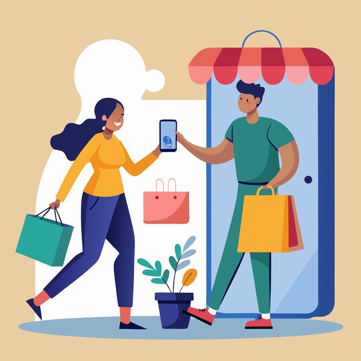 Vector mujer usando el teléfono para pagar compras en la tienda