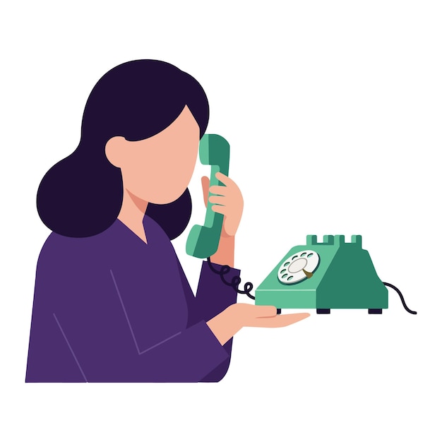 Mujer usando un teléfono vintage en un estilo de ilustración vectorial plano
