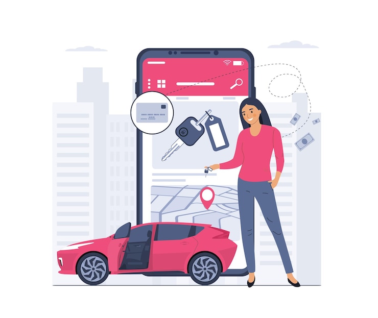 Vector una mujer utiliza un servicio de alquiler de coches a través de una aplicación en un teléfono inteligente. ilustración vectorial