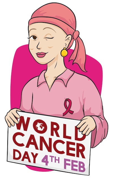 Vector mujer valiente que está luchando y celebrando el día mundial del cáncer con un cartel conmemorativo