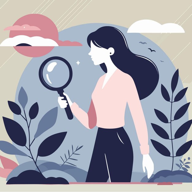 Mujer vectorial buscando algo con lupa