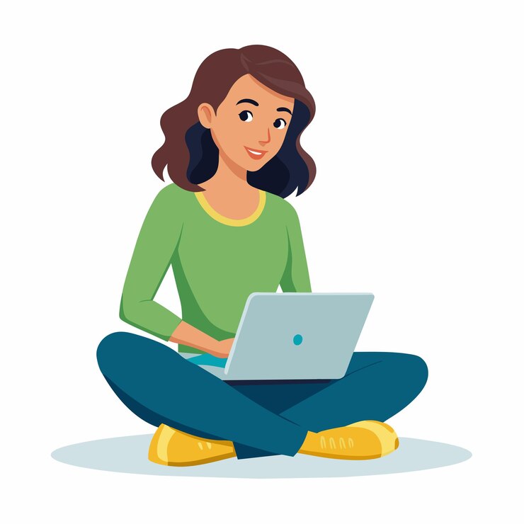 Vector la mujer vectorial está sentada con una computadora portátil aislada sobre un fondo blanco