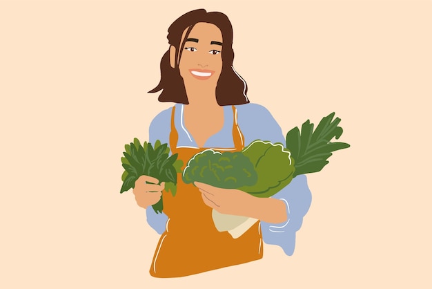 Mujer con vegetales verdes frescos en la cocina