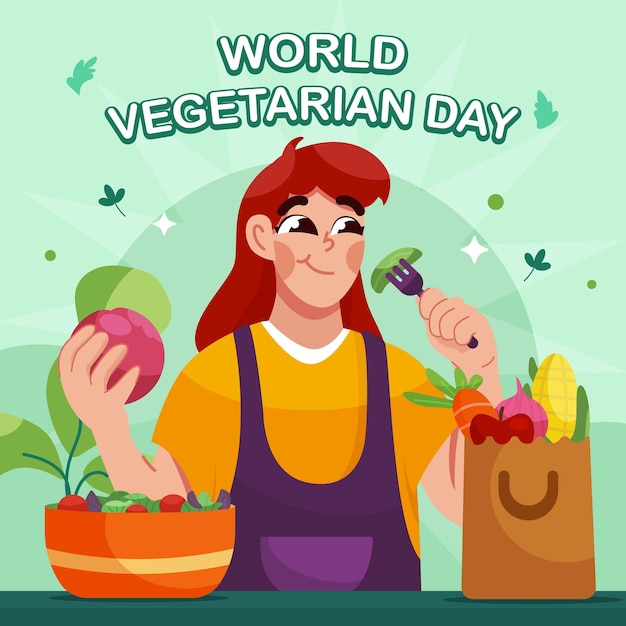 Vector mujer vegetariana come ensalada para celebrar el día mundial vegetariano