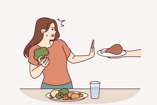 Vector mujer vegetariana rechaza la carne y hace un gesto de parada por miedo mientras come verduras frescas