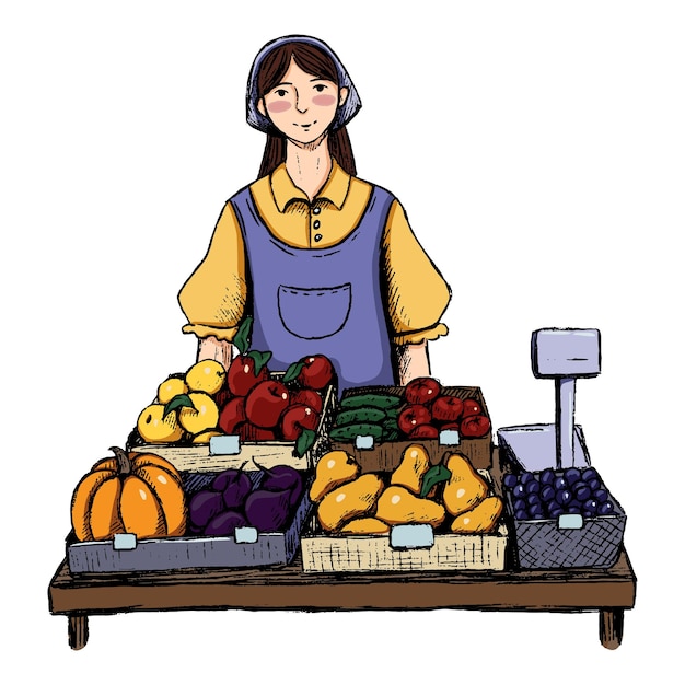 Mujer vendedora vende verduras en el mostrador Carácter vendedor amistoso aislado en blanco Ilustración vectorial dibujada a mano en estilo de dibujos animados para el diseño