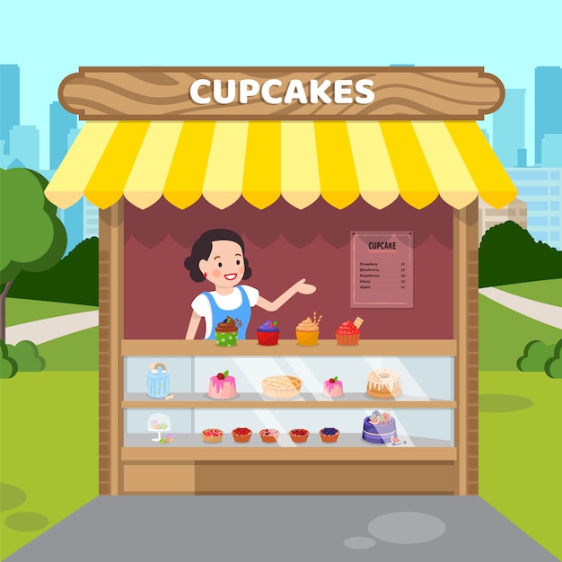 Vector mujer vendiendo cupcakes ilustración vectorial plana