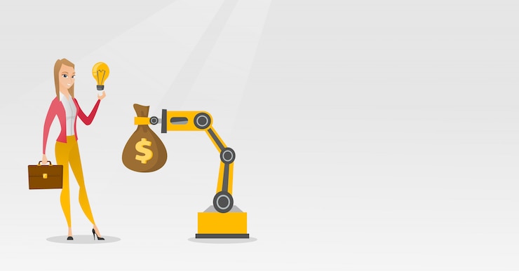 Vector mujer vendiendo idea de ingeniería de mano robótica.