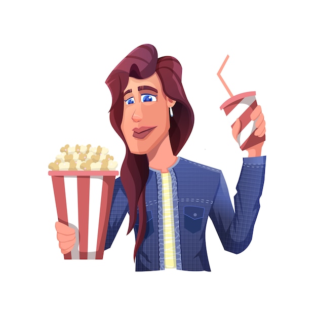 Vector una mujer va a ver una película durante la nueva era normal con popcorn and soft drink