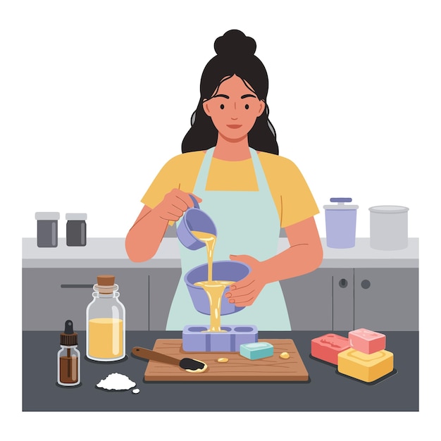 Mujer vertiendo ingredientes líquidos en un cuenco mientras prepara una receta en la cocina